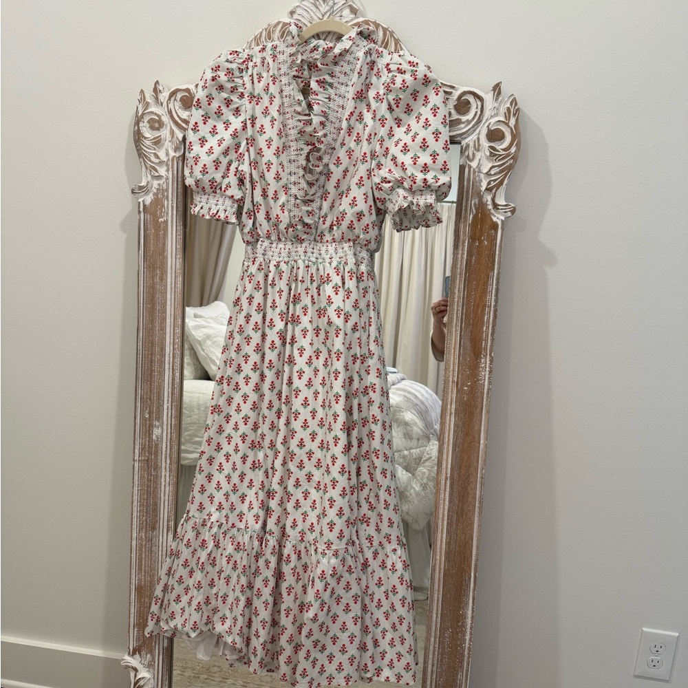 Floral Ruffle Midi Dress - White and Red